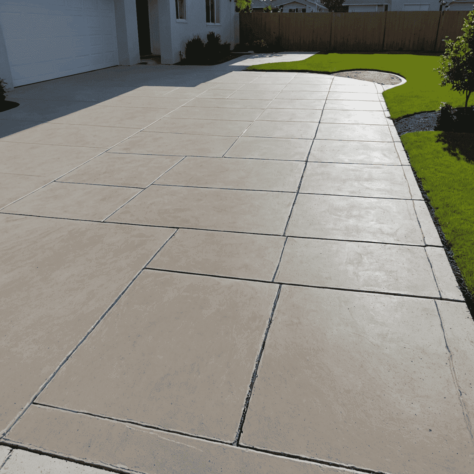 A modern concrete driveway with a smooth finish and decorative patterns, showcasing durability and aesthetic appeal for residential properties