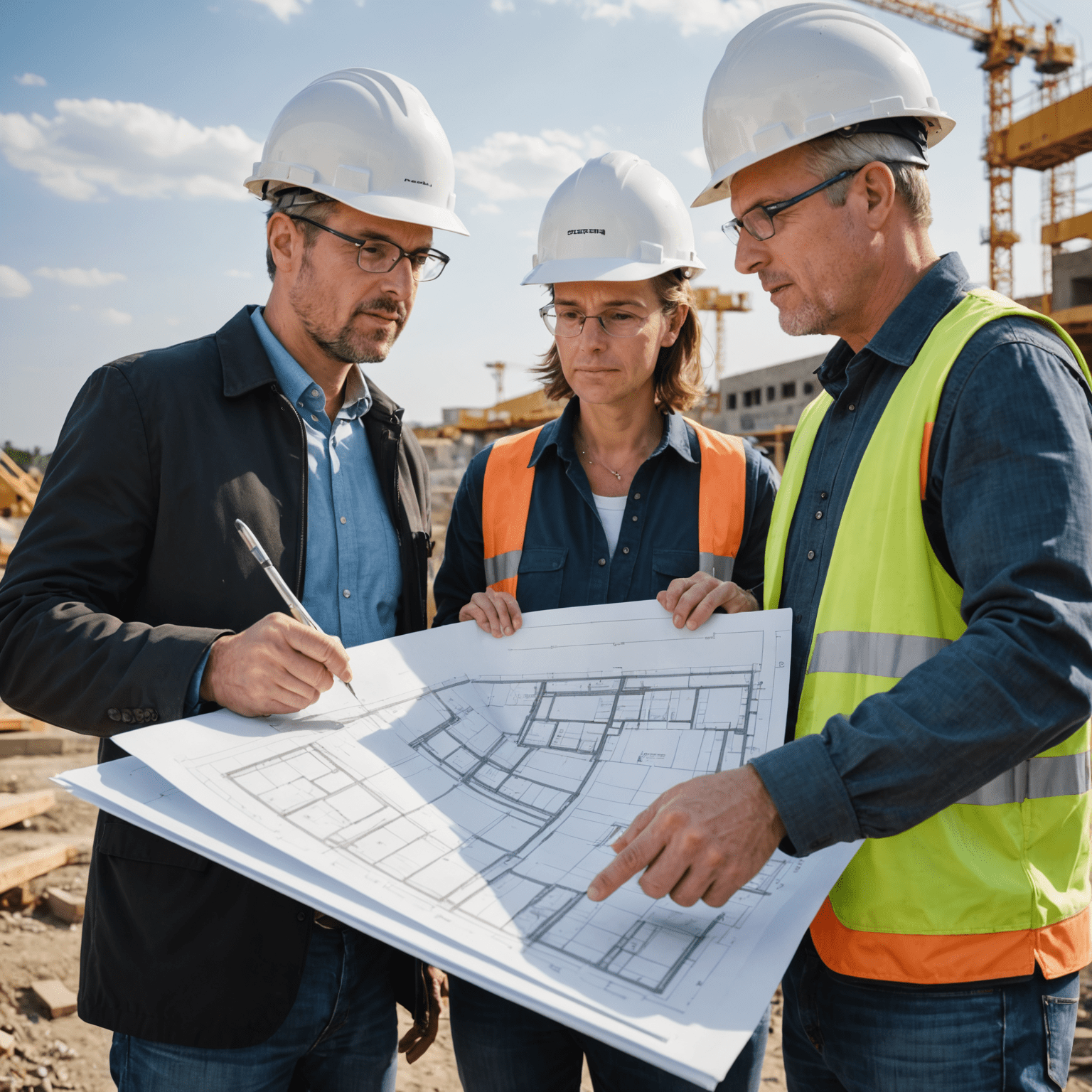 A professional concrete expert discussing plans with a client at a construction site. The expert is pointing at blueprints while the client nods in agreement.