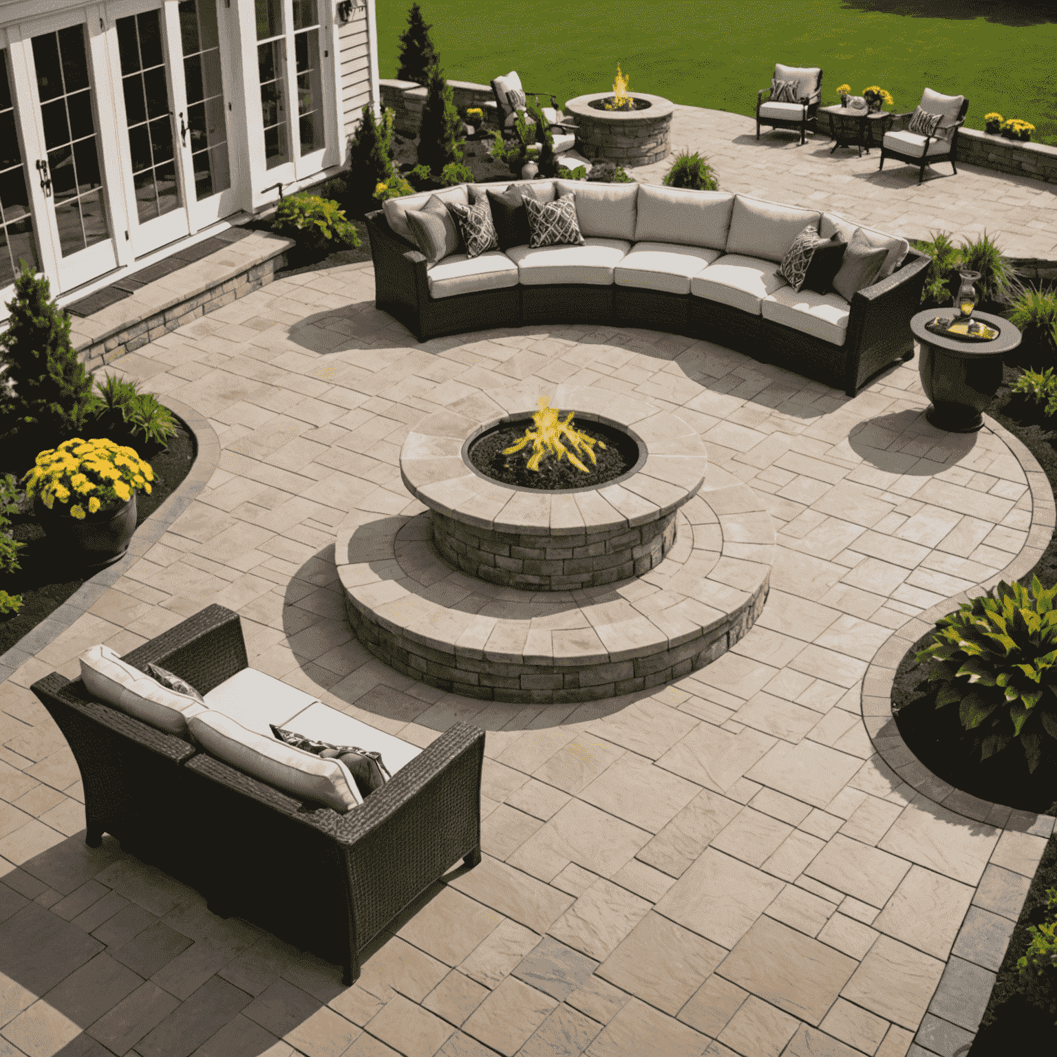 An elegant concrete patio with stamped patterns and integrated seating areas, perfect for outdoor entertaining and relaxation