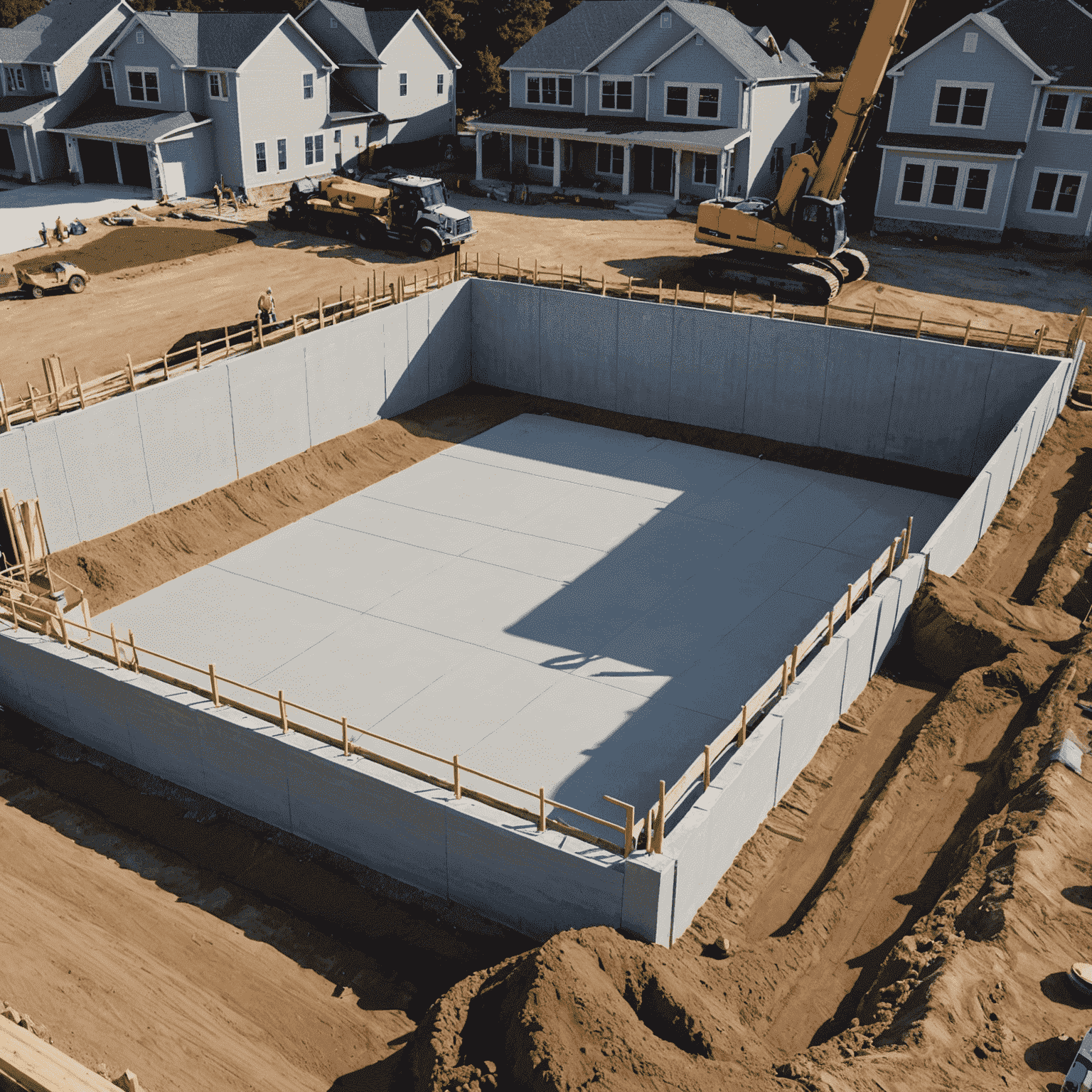 A solid concrete foundation being poured for a new residential construction, showcasing the strength and stability provided by professional concrete services